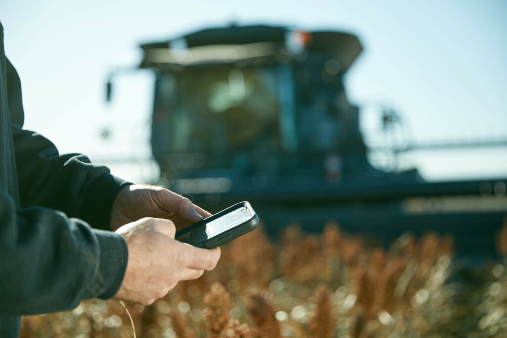 A person holding a cell phone with a combine in a wheat field in the background