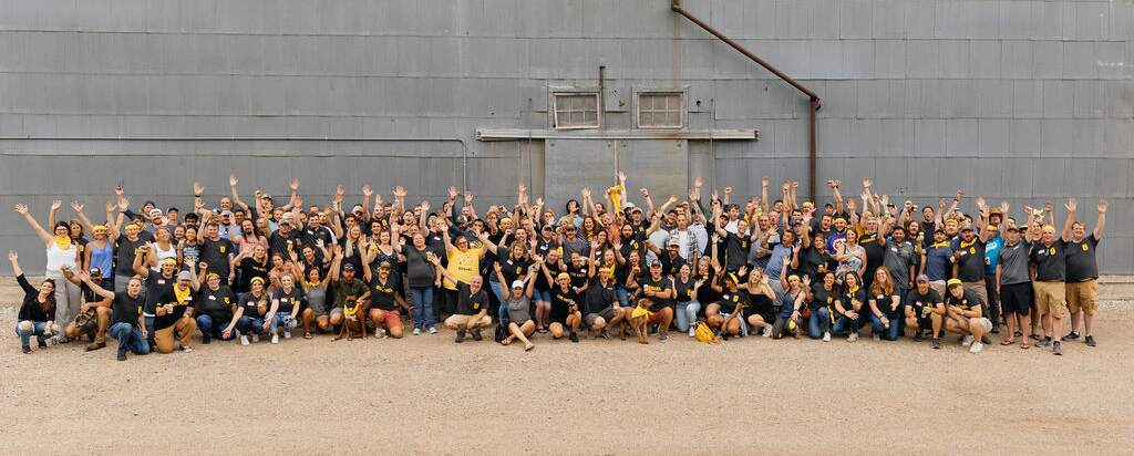 Bushel team - about 150 team members in front of the elevator in Arthur, ND