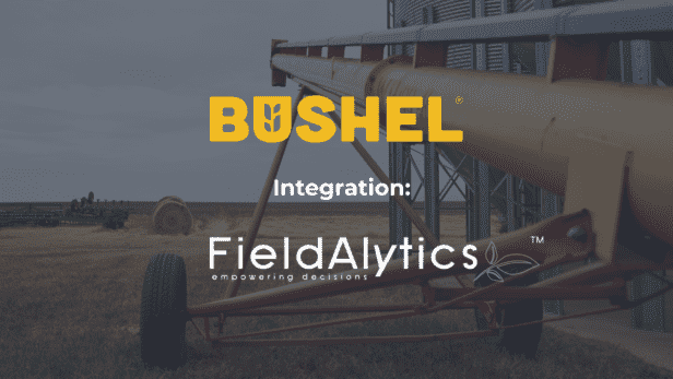 A graphic with an auger in the background. Bushel logo. Word "Integration" EFC Fieldalytics logo